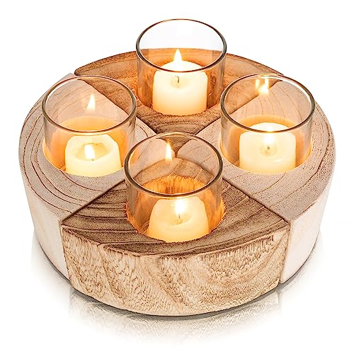 Romadedi Wooden Tealight Candle Holder: Set Of 4 Boho Votive Candle Holders For Rustic Wedding Decor, Tea Lights Country Theme Driftwood Table Centerpiece, Coastal Farmhouse Home Decorations #TOP13