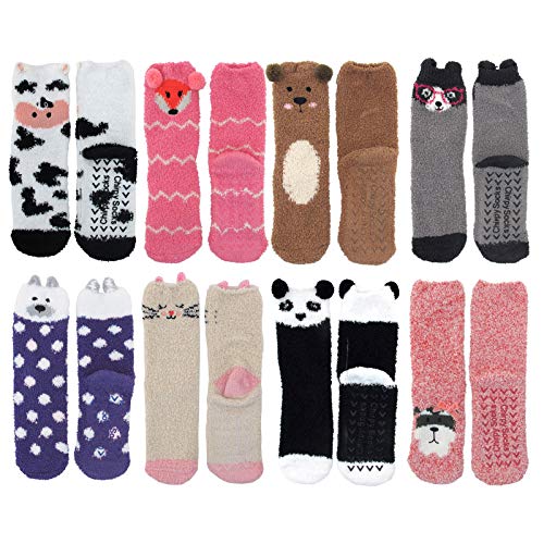Super Soft Warm Cute Animal Non-Slip Fuzzy Crew Winter Socks - 8 Pairs - Assortment G