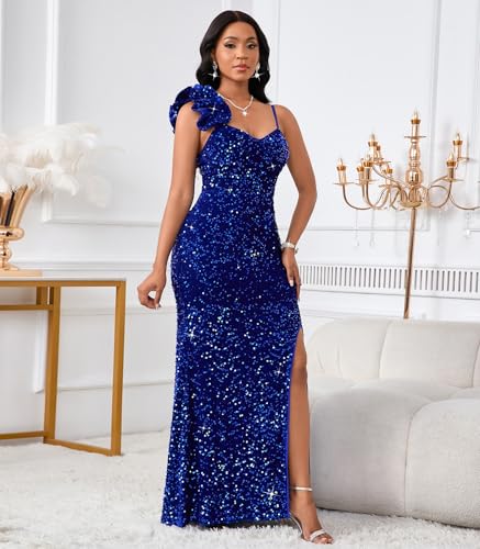 Image of Cololura Women Sexy Elegant Sequin High Split Ruffled Hem Mermaid Party Cocktail Bodycon Formal Evening Gowns Maxi Dress