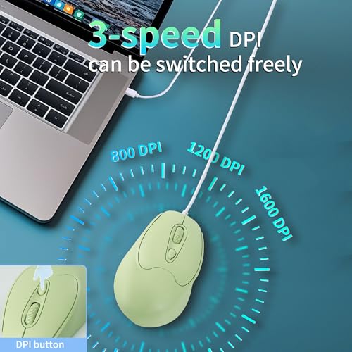 Ratón óptico con cable USB-C de 1600 DPI verde compatible con MacBook, Surface y smartphones 5