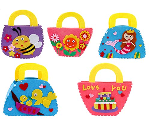 MKISHINE 5 pcs hand bags Sewing Kits,kids hand craft kits,Felt Craft Kit Fabric DIY Crafts Handbag,kindergarten gift party favor