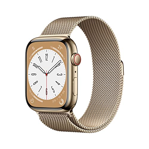 Apple Watch Series 8 (GPS + Cellular、45mm) スマートウォッチ、ゴールドステンレススチールケース - ゴールドミラネーゼループブレスレット、耐水性。