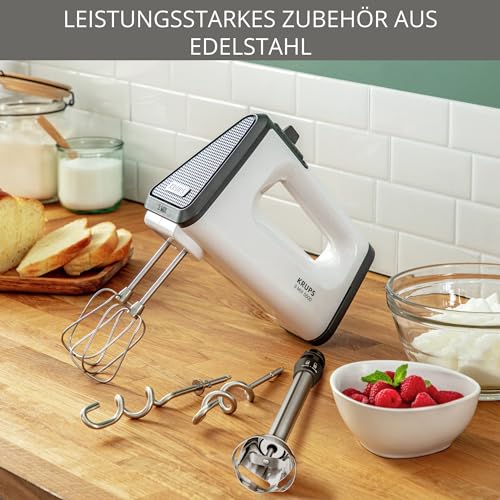 Foto von Krups 3 MIX 5500 + Handmixer GN5041 | 500 W | 5 Geschwindigkeiten + Turbo- & Auswurftaste | ergonomischer Griff des Mixers | Schneebesen Knethaken + inkl. Stabmixer aus Edelstahl | weiß | 220-240 V