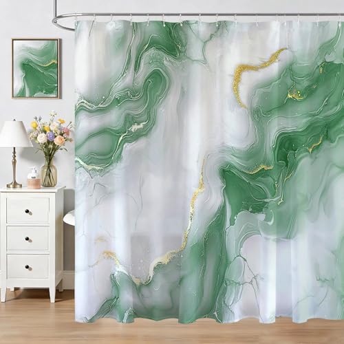 Mocsicka Green Marble Shower Curtain Abstract Modern Luxury Marble Bathroom Shower Curtain Green Marble Waterproof Fabric Shower Curtains Bathtub Decor with 12 Hooks 72 X 72 Inch (Green)
