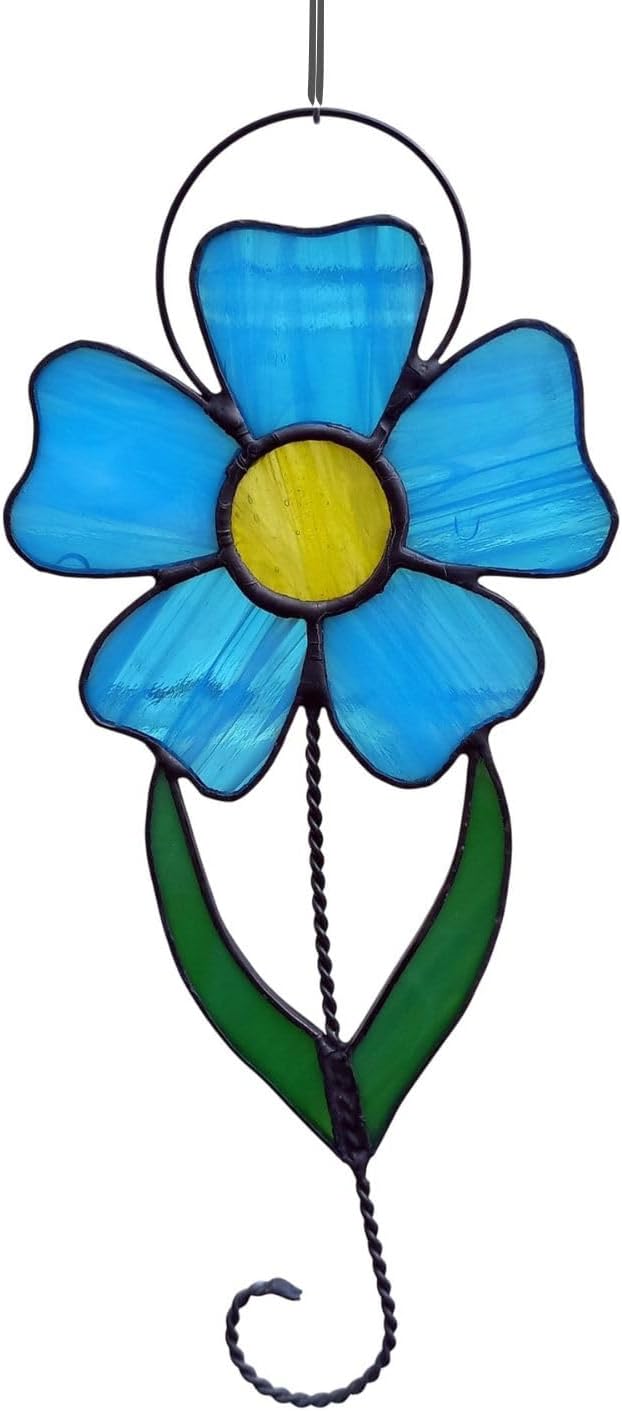 Forget me not Stained Glass Sun Catcher Window Hanging or Wall Decor. Decorative Blue Wildflower Ornament. Unique Handcrafted September Birth Flower Birthday Gift for Women Grandma Mom on Mothers Day