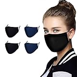 UK 4 Pack Reusable Cotton Face Masks, 2 Navy Blue, 2 Black Mask with Nose Wire for Glass Wearers, 3-Ply Washable & Breathable Fabric with Filter Pocket & Adjustable Loops