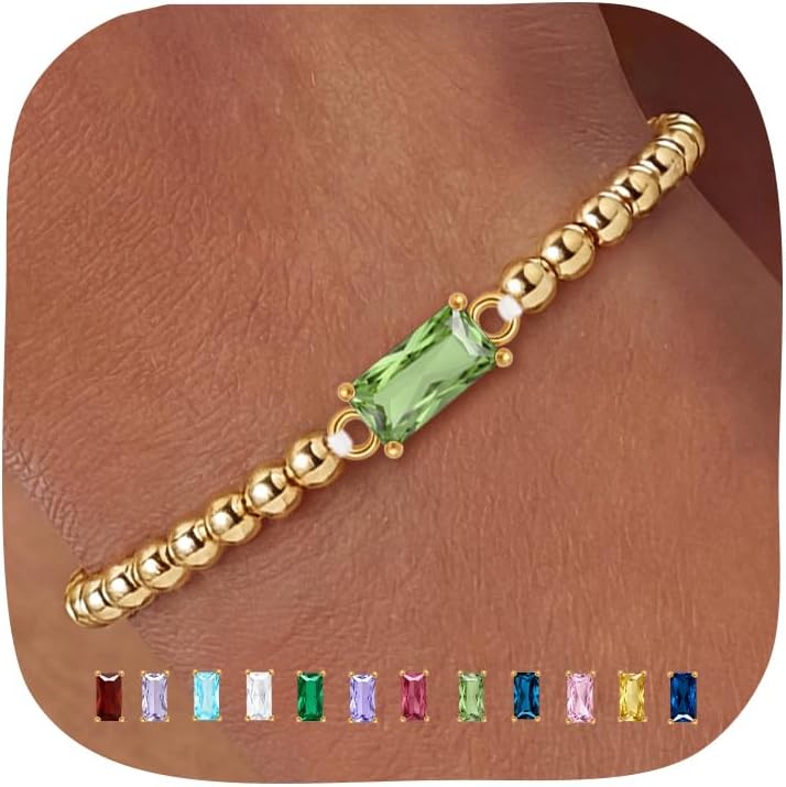 Dainty Birthstone Bracelets for Women - 14K Gold Plated/Silver Bead Bracelets for Women Elastic Gold Bracelet Stackable Bead Stretch Friendship Bracelet Stack for Best Friend Couples Birthday Gifts Jewelry