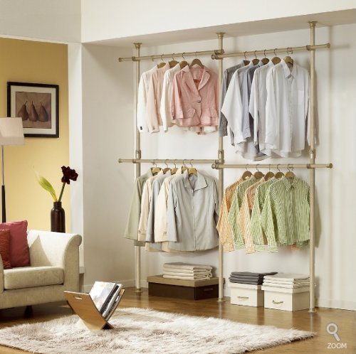 PRINCE HANGER, One Touch Double Adjustable Clothes Rack, Clothing Rack, Garment Rack, Freestanding, Organizer, Heavy Duty, Tension Rod, Made in Korea (4-Tier, Wood Color)