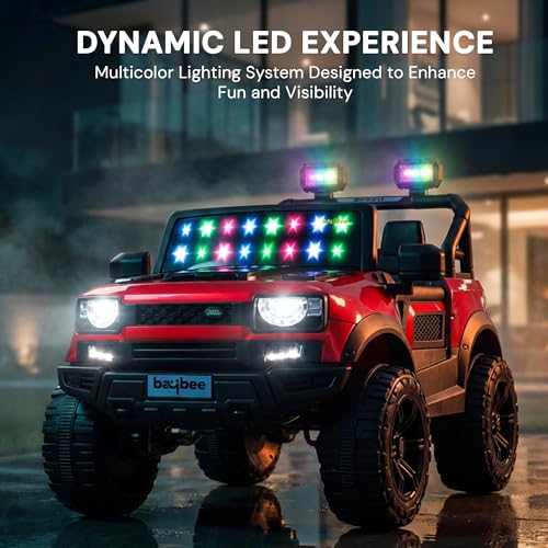 Image of Baybee RoverX Battery Operated Jeep for Kids with Parental Control | Baby Ride On Electric Car with RGB Lights, Music & Swing Mode | Rechargeable Battery Car for Kids 2 to 6 Years (Metallic Red)