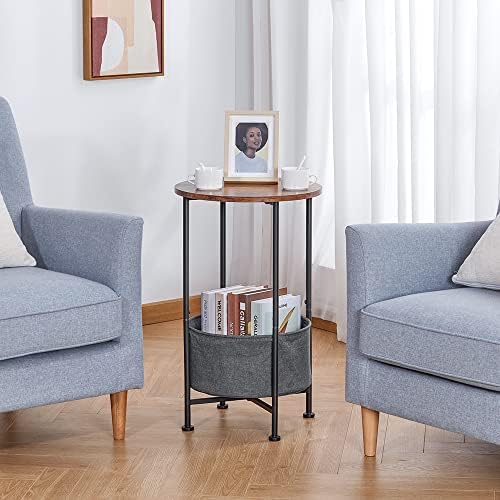 YEAKOO Industrial 2 Tier Round End Table, 66cm Height Rustic Side Table with Removable Fabric Storage Basket, Home Office Coffee/Snack/Bedside Table Laptop Desk for Living Room Bedroom/Dark Grey