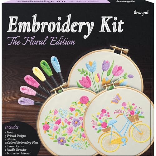 Image of Unwynd Embroidery Kit Floral Theme for Beginners, Cross Stitch Hand Embroidery Kit for Adults, Easy DIY Crafts, Starter Set with Flower Pattern (Pack of 3 - Floral Edition)
