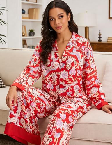 Image of Yimoon Satin Pajama Set for Women Silk Pajamas Set 2 Piece Floral Cute Pj Set Long Sleeve Pjs Sleepwear