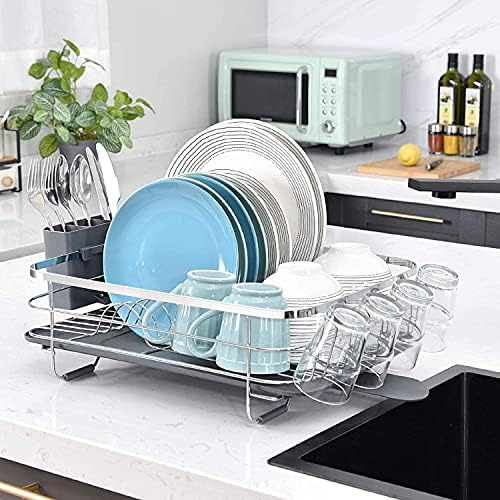 KINGRACK Dish Rack Stainless Steel,Dish Drainer with Drip Tray 360°Stretchable Spout,Large Dish Drying Rack with Cups Holder & Removable Cutlery Holder,Plate Drainer Rack for Kitchen Counter Top