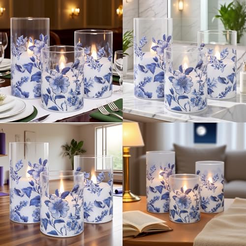 Image of Flameless Candles Glass with Remote Control & Timer Function, Blue and White Porcelain Theme Design, Home Party Wedding Christmas Valentine's Day Decor, Set of 3