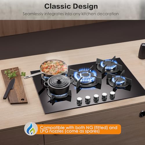 SNDOAS Gaskochfeld 5 Flammig, 70cm Glas Gasherd mit Automatischer Flammenschutz, Erdgas und Propangas, Einbau oder freistehend, 10400W, 220-240V – Bild 4