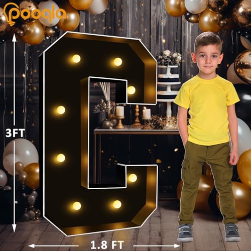 Image of Pooqla 3FT Marquee Light Up Letters, Black Large Letter C Party Decorations | LED Marquee Letters 3 Feet Tall, Black Giant Mosaic Letters Gift for Boys Men Birthday Anniversary Wedding Decoration