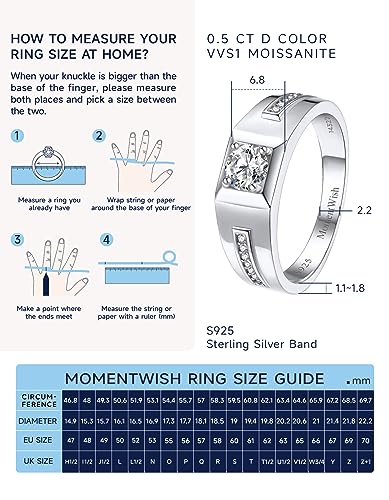 MomentWish Wedding Ring for Men, Moissanite Engagement Ring for Him, 925 Sterling Silver Ring for Women or Men, Anniversary Ring Valentine's Day Gift for Men4