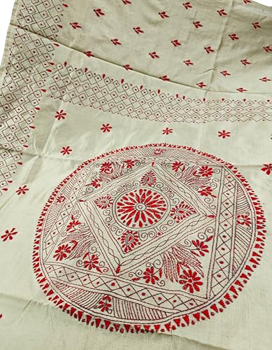Image of SHRISTI CLOTHINGS Women's Hand Embroidered Cotton Silk Kantha Stitch Saree with Blouse Piece (J420724 SWD62)