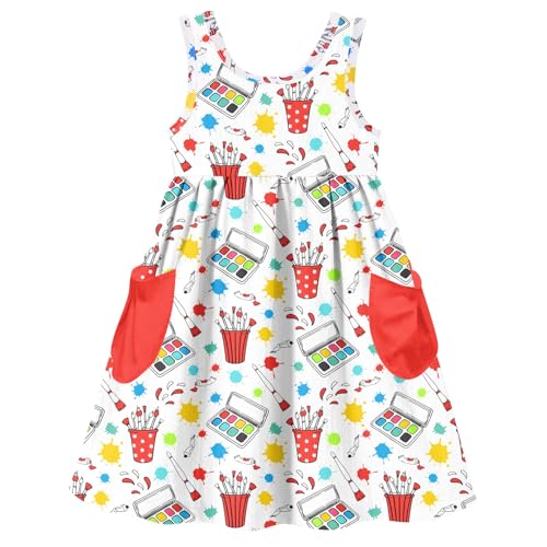 Vieille Little Girls Dress Back to School Cute Pencils Print Outfit for Kids Casual Summer Sleeveless Sundress with Pocket Size 3-4 Years