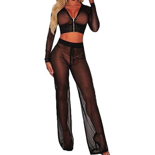 Women See Through Sheer Mesh Bandage Two Piece Bikini Cover Up Hoodie Crop Tops and Legging Pants