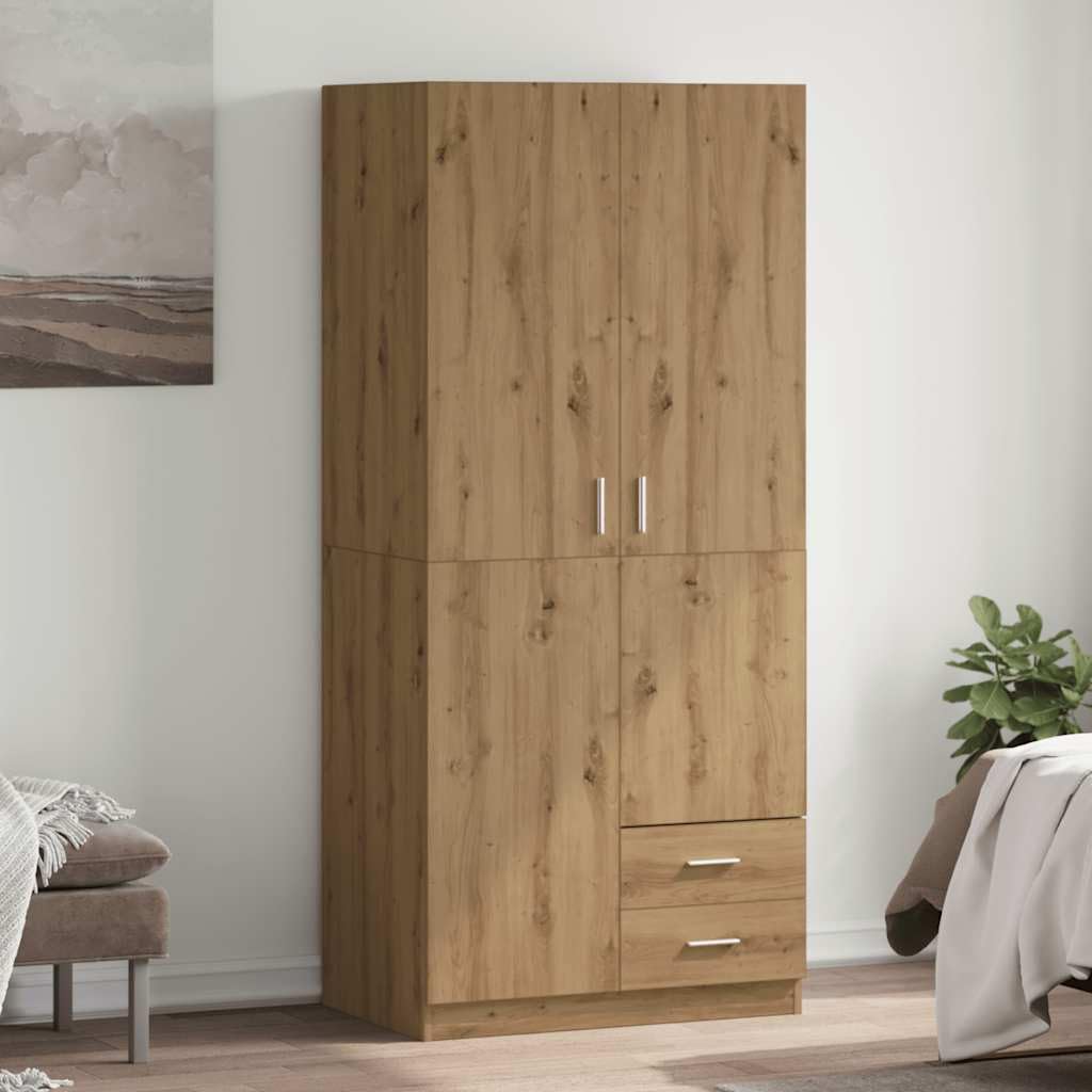 Armario Artisan-roble 80 x 52 x 180 cm, material de madera con 2 puertas, 2 cajones, barra colgante y compartimento grande para dormitorio, pasillo, habitación de los niños, muebles