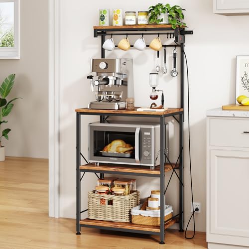 SNTD Bakers Rack with Power Outlet, Kitchen Shelves Microwave Stand with Wire Grid and 10 Hooks, 4...