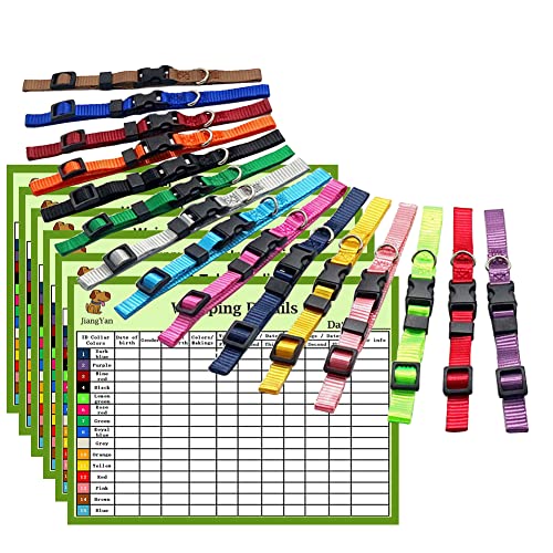 Puppy Collars for Litter - 15 Pcs Assorted Colors Puppy ID Collars Whelping Super Soft Nylon Whelping Puppy ID - Adjustable Breakaway Litter Collars Pups with 6 Record Keeping Charts