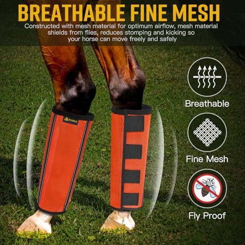 Mesh Fly Boots for Horses Tough Breathable, 4 Pack, (Orange, Medium) | with 2 Built-in Metal Supports,Breathable Fly Leggings for Horses with Fleece Trimming and Reflective Webbing - Image 3