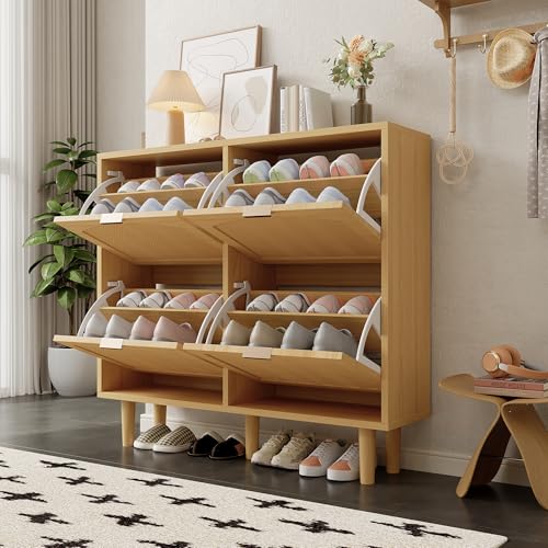 Merax Schuhschrank mit 4 Klappen schmal – Schuhkommode Rattan mit...