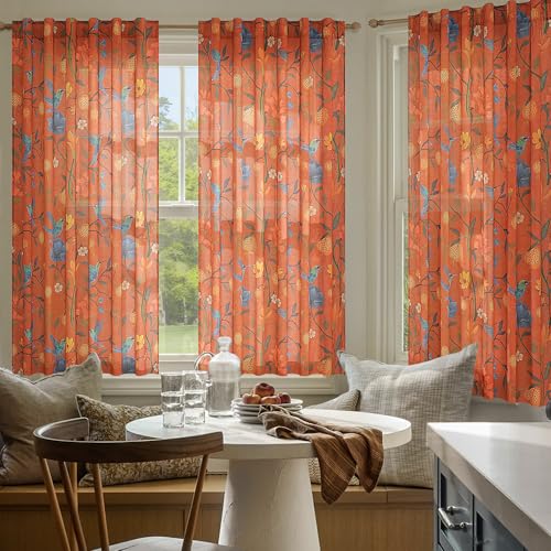 Image of JOOJA 54 Inch Boho Floral Curtains Tropical Bird Print Linen Semi Sheer Window Drapes for Kitchen, Bedroom, Bathroom, Living Room, Dining Room, Terracotta