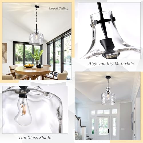 Image of CATINER 16 inch Farmhouse Hammered Glass Pendant Light, Black Hanging Light | 16 inch farmhouse hammered glass pendant light with hand-blown shade, adjustable chain and E26 socket for kitchen islands