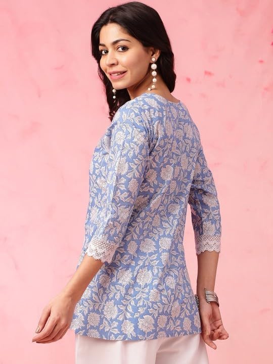Image of MAHIRA'S Comfort Women's Short Kurti, Rayon Tunic Top with 3 /4 Embroidered Designer Sleeves | Soft Breathable Fabric | Office & Casual Kurti for Jeans, Leggings & Trousers