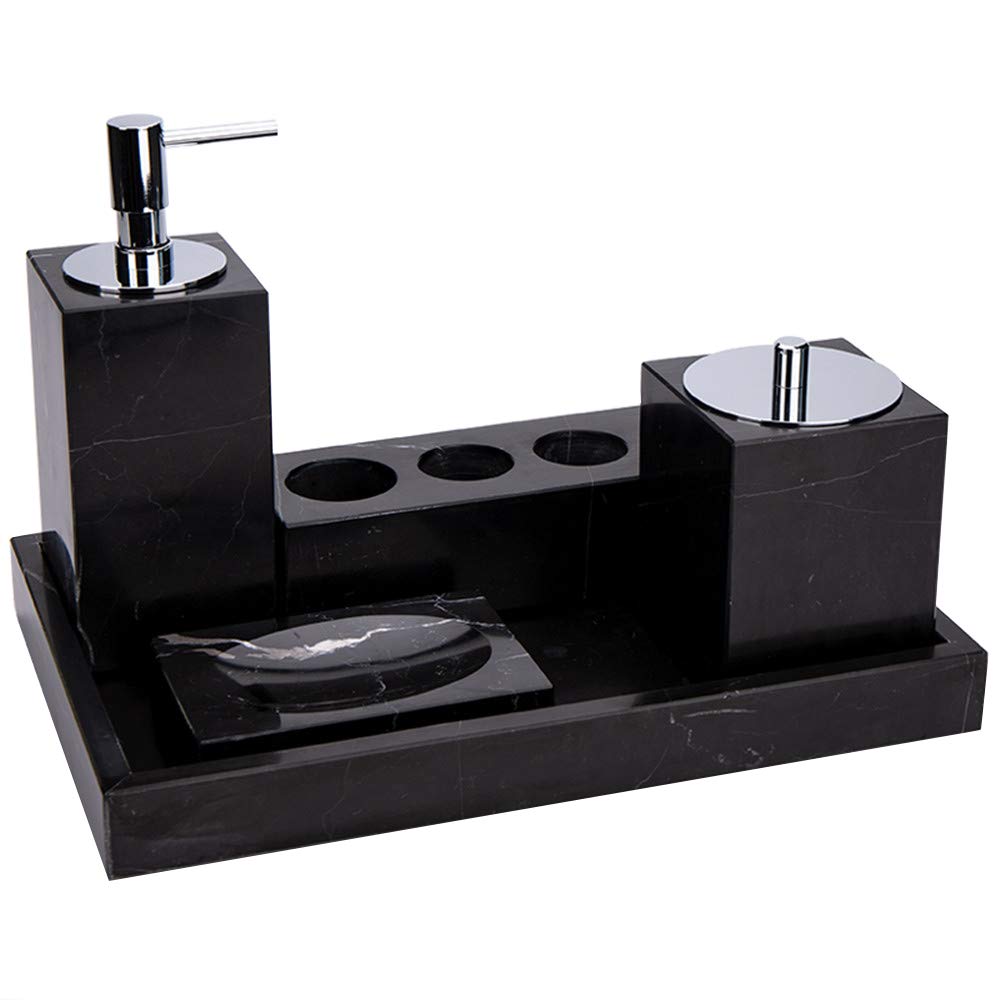 StonePlusNatural Real Marble Bathroom Accessories Set 5 Piece-Toothbrush Holder, Marble Tray,Liquid Soap Dispenser, Cotton Swab Box, Soap Dish (Black)