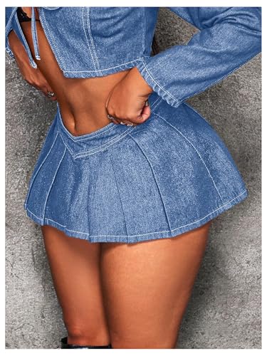 Floerns Women's Pleated Hem Denim Skirt V Cut Low Waist Y2k Mini Jean Dress3