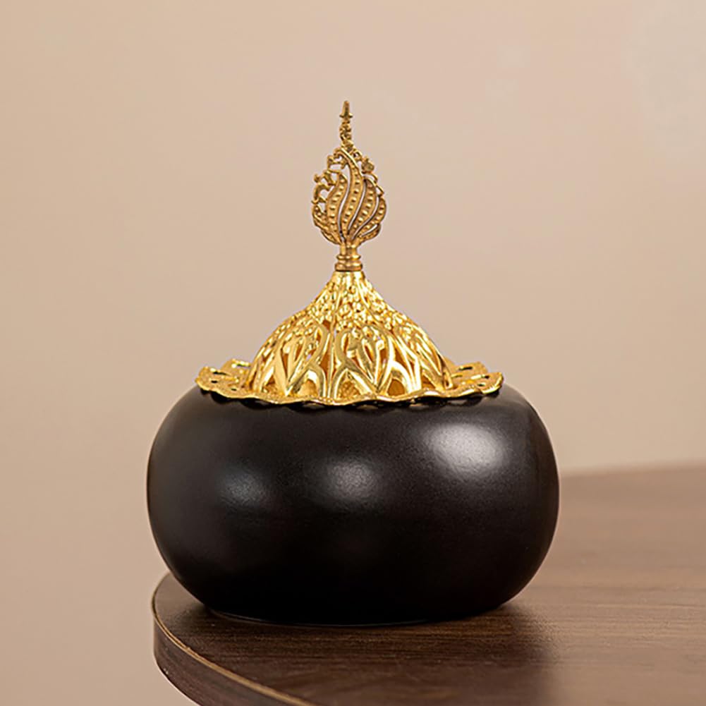 Handheld Ceramic Incense Burner with Metal Holder Eid Cone Middle East Arabian Festival Home Decoration Ornament Aromatherapy Furnace (Black)