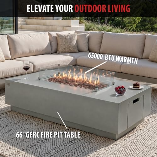 Image of AMS 66 inch Rectangular Concrete Propane Gas Fire Pit Table Bundle, Light Gray