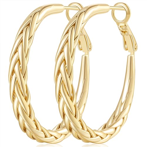 SPOINT Gold Hoop Earrings 14K Gold Hoop Earrings Large Hoops Earring for Women Timeless Hoops Intricate Weave Design Thick Womens Earring 35mm