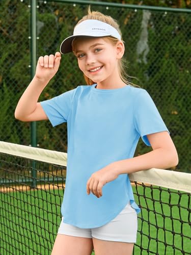 Image of Haloumoning Girls Short Sleeve T Shirts Summer Crewneck Shirt 5-14 Years | Casual, Solid, Loose Fit, Basic tees, Curve Hem, Soft Tunic Tops