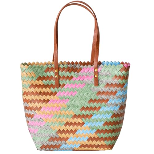 SHARPDO Panier Osier Tressé Multicolore Léger et Pliable, Sac Cabas Vintage à Anses Cuir, Léger, Spacieux, Parfait pour Toutes les Sorties