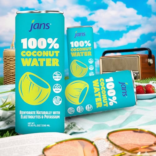 Image of Jans 100% Coconut Water No Added Sugar 11.15oz (Pack of 12) Pure Coconut Refreshment, Vegan, Gluten-Free, Hydration with Electrolytes