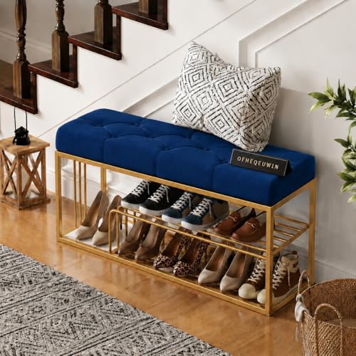 Image of Entryway Shoe Rack with Cushioned Seat, Shoe Bench for Entry, 2 Shelves Storage Bed Bench