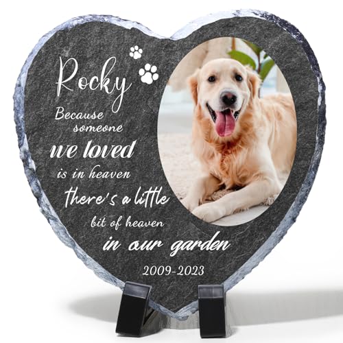 Bohaluo Custom Pet Memorial Stones for Dog, Personalized Memorial Plaques for Outdoors with Picture & Text Garden Stone for Loss of Dogs, Heart Shaped Dogs Grave Marker,B3-Heart