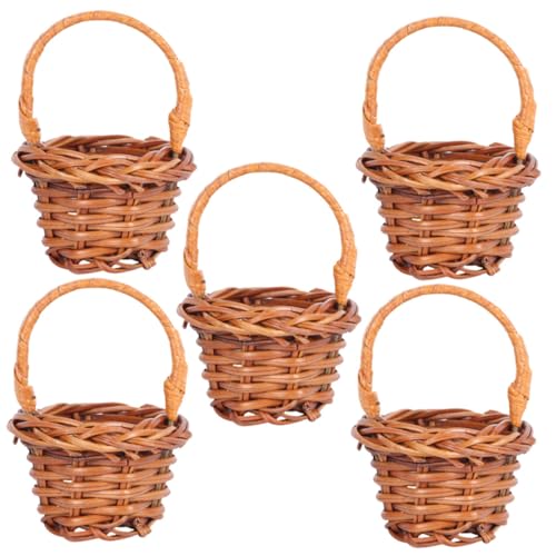 WEKAMOS Juego de 5 Cestas Pequeñas Tejidas de Ratán y Paja Mini Cesta Decorativa Multifuncional para Flores Accesorio para Bodas y Decoración del Hogar Color Café