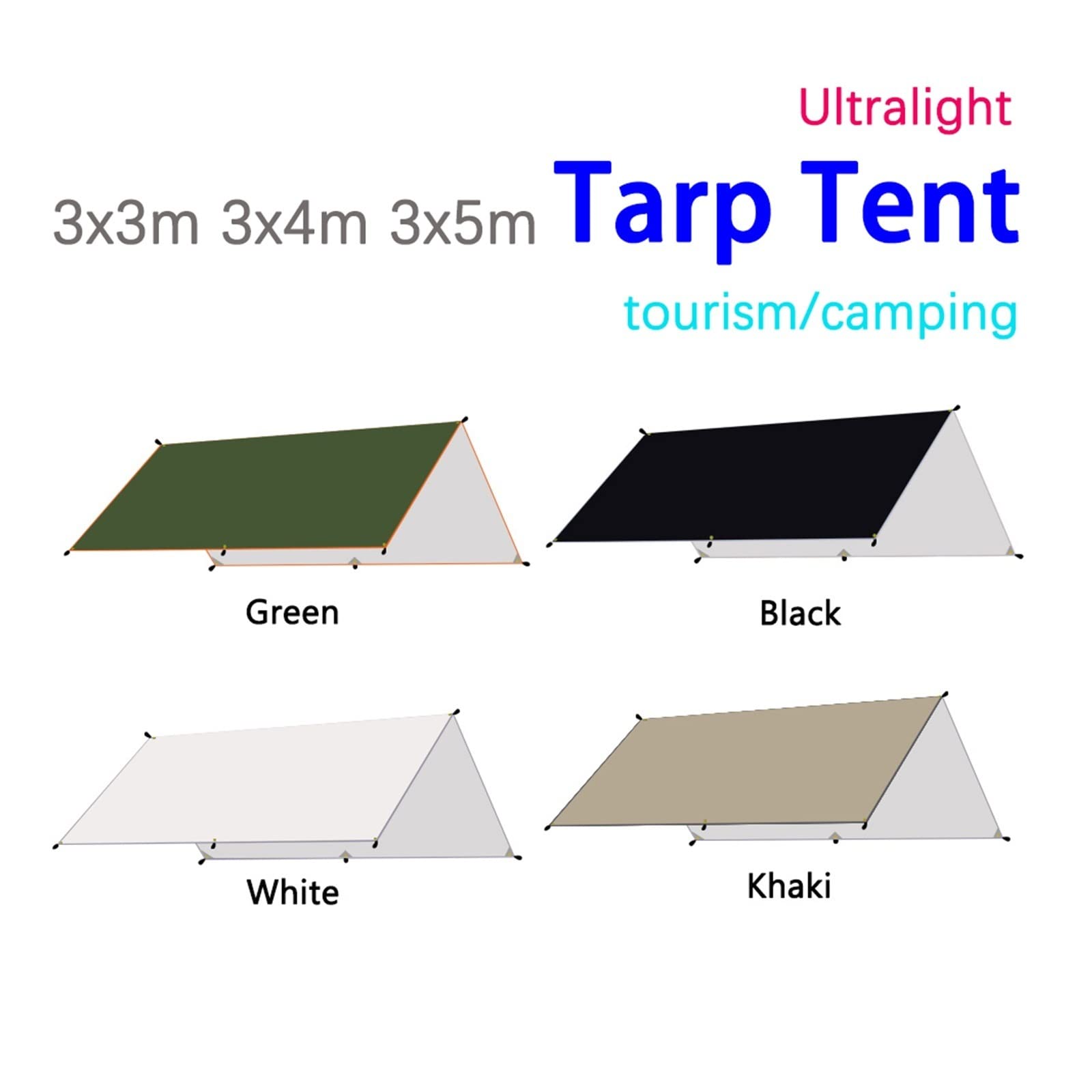 Zewnętrzna wodoszczelna plandeka 3x3 3x4 3x5 parasolka baldachim kempingowy ze srebrną powłoką 300x300 lekki przenośny tropik do namiotu (Color : Khaki, Size : 3x4m)