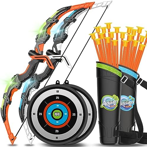 KIZJORYA Bow and Arrow for Kids, LED Light Up Archery Toy Set, Indoor & Outdoor Sport for Toddler with 20 Suction Cup Arrows Hanging Target 2 Quivers 2 Bows, Gift for Boys Girls Ages 4-6 8-12(2-Pack)