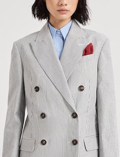 Women's Seersucker Stripes Blazer for Work Office Double Breasted Peak Lapel Lightweight Business Jackets4