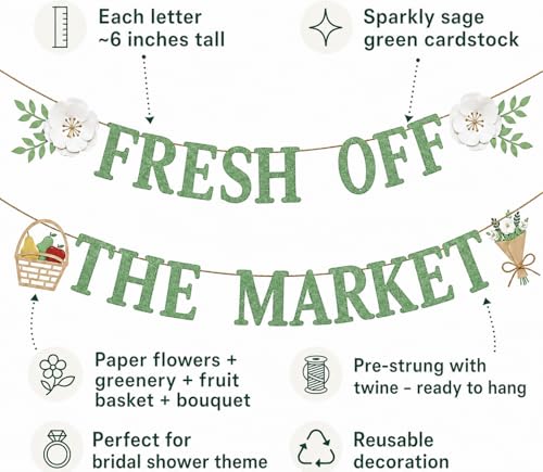 Fresh Off The Market Banner | Bridal Shower, Bachelorette Decorations, Engagement Party, Bride to Be Garland, 6-Inch Sage Green Shimmer Fine Glitter Bunting for Farmers Market Theme Wedding Decor — view 2