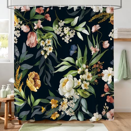 Hopomoon Artistic Floral Duschvorhang - Handgemalt Stil Badezimmer Dekor Wasserdicht Polyester Stoff 180x180cm Schwarz Vintage Design mit Natur inspiriertem Muster