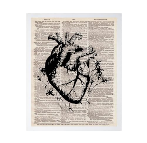 ALPINE INK CO. Anatomical Heart Dictionary Poster with Frame - Heart with Botanical Elements - Vintage Dictionary Text Background - Bedroom Living Room Wall Decor - 16x20 White Framed Print