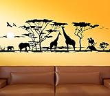 Wandora G012 Afrika Savanne Giraffe Elefant Steppe Wandaufkleber Wandsticker schwarz (BxH) 150 x 46 cm